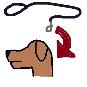  A nondescript brown dog's head with floppy ears. There's a dark indigo leash with a gray clip above  it, and a thick red arrow pointing towards the dog.